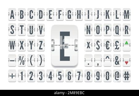 White airline flip board alphabet for countdown or stock exchange rates. Vector illustration of airport terminal mechanical scoreboard font with numbers to display flight departure or finance info Stock Vector