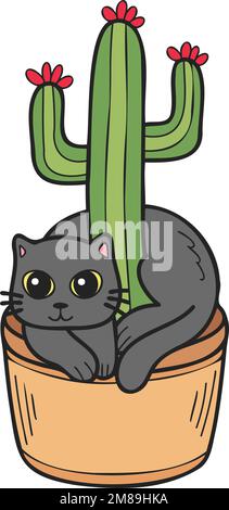 Hand Drawn cat and cactus illustration in doodle style isolated on background Stock Vector