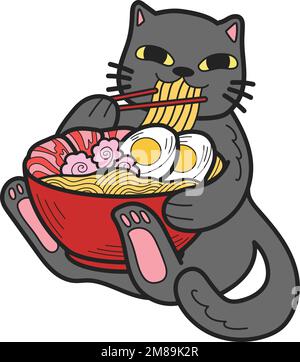 Hand Drawn cat eating noodles illustration in doodle style isolated on background Stock Vector