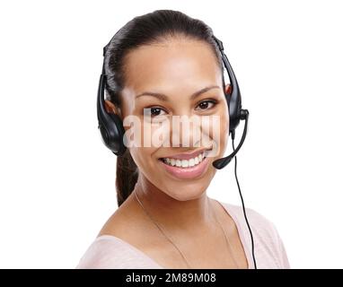 Woman, portrait and call center employee in studio, headset with CRM with customer service isolated on white background. Contact us, telemarketing Stock Photo