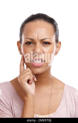 Thinking, confused and frustrated, portrait of black woman with stressed look on face isolated on white background. Doubt, choice and crisis decision Stock Photo