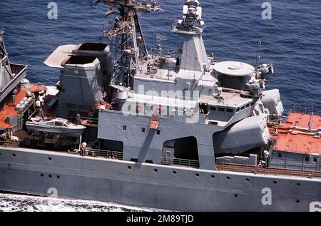 A view of radar equipment and SS-N 14 missile launchers aboard the Soviet Udaloy class guided missile destroyer Vitse-Admiral Kulakov (DDG-659). Country: Mediterranean Sea (MED) Stock Photo