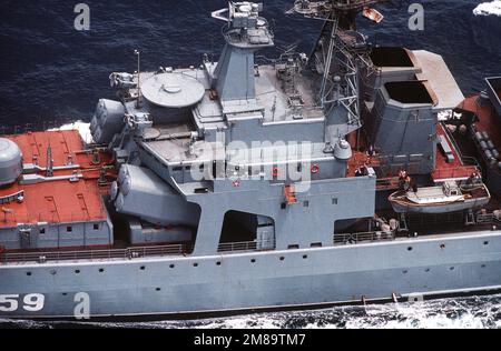 A view of SS-N 14 missile tubes and radar equipment aboard the Soviet Udaloy class guided missile destroyer Vitse-Admiral Kulakov (DDG-659). Country: Mediterranean Sea (MED) Stock Photo