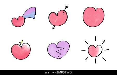 Set of Pink and red heart watercolor shapes. Hand drawn vector illustration. Painted with watercolour paints and brushes symbol. Stock Vector