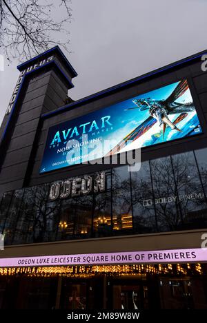 Odeon cinema Leicester Square, London, UK, showing Avatar, The Way of Water. Wet and grim winter afternoon Stock Photo