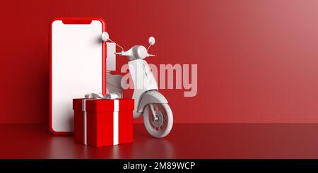 Online shopping on mobile phone blank screen, many beautifully wrapped gift boxes and scooter delivery application on bright red background Stock Photo