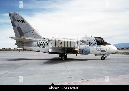 A right side view of an Air Anti-submarine Squadron 32 (VS-32) S-3A Viking aircraft parked on the flight line. Base: Naval Air Station, Fallon State: Nevada (NV) Country: United States Of America (USA) Stock Photo