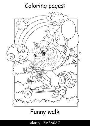 Cute unicorn with a balloons riding a scooter. Coloring book page for children. Vector cartoon illustration isolated on white background. Linear drawi Stock Vector