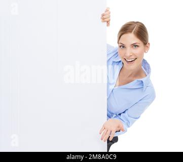 Portrait, mockup and woman with smile, poster for advertising agency or marketing manager isolated on white studio background. Female consultant Stock Photo