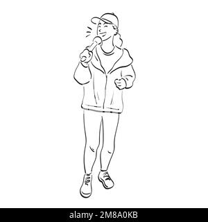 line art full length of woman in sportswear holding microphone illustration vector hand drawn isolated on white background Stock Vector