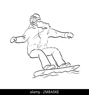 line art female playing snowboard illustration vector hand drawn isolated on white background Stock Vector