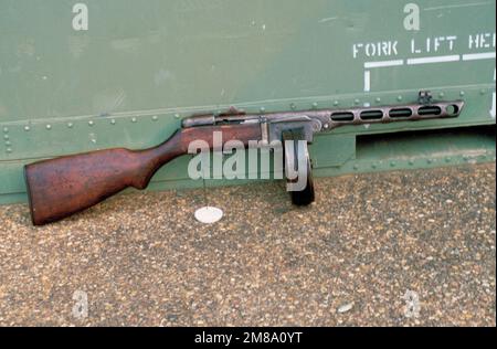 A close-up view of a Soviet PPSH-41 sub-machine gun on display. Base: Marine Corps Base, Quantico State: Virginia (VA) Country: United States Of America (USA) Stock Photo