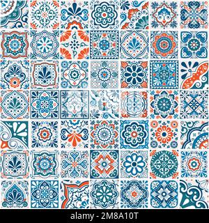 Mexican talavera tiles vector seamless pattern collection,  different size and style design set in turquoise green and orange, perfect for wallpaper, Stock Vector