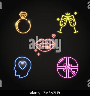 Neon Valentine day icon set in line style. Love symbols collection including diamond ring, two champagne glasses, lips, man in love and gift box. Vect Stock Vector