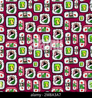 Vector seamless sushi pattern on dark red. Stock Vector