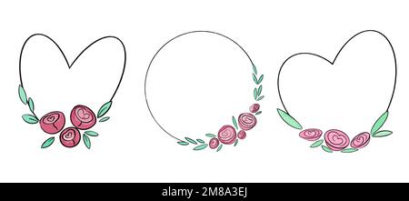Collection of vector frames in the shape of a heart and watercolor roses and peonies. Illustrations for love and valentine's day. Stock Vector