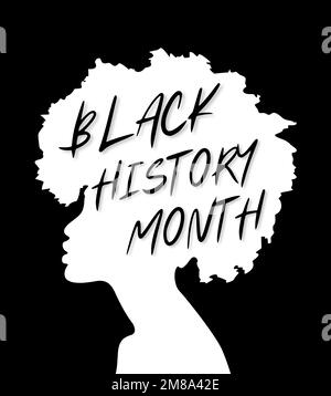 Black History Month poster, banner, card, social media post. Design silhouette black afro hair woman. Stock Photo