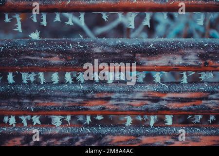 old wooden planks covered with frost at winter season Stock Photo