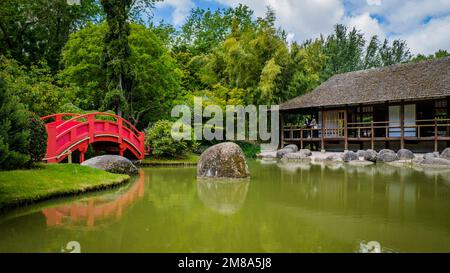 The Japanese garden of Toulouse, in Compans Caffarelli, with its lake, traditional building and red bridge Stock Photo