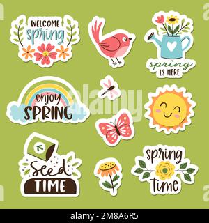Cute spring sticker collection. Hand-drawn colorful stickers with seasonal spring decorative sentences and elements. Vector illustration. Set 1 of 2. Stock Vector