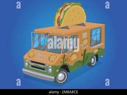 tacos food truck with big taco on the roof Stock Vector