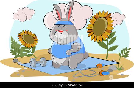 Cute bunny decided to go in for sports and brought all the sports equipment Stock Vector