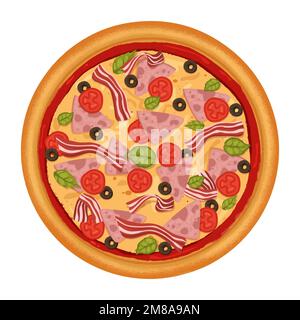 pizza with ham bacon tomatoes olives and basils Stock Vector
