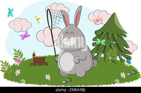 A cute bunny took a net and started catching beautiful butterflies Stock Vector