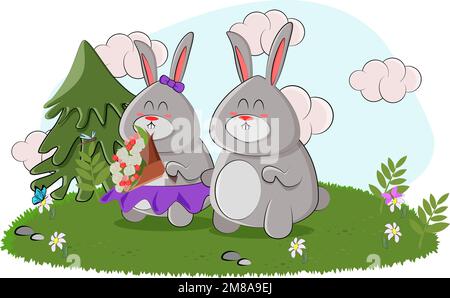 Two cute bunnies met and went on a date Stock Vector
