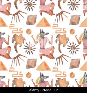 Ancient Tribal seamless pattern, Watercolor modern abstract Illustration, Ethnic Egypt Wall Paintings repeat paper, Egyptian Mystical pattern in beige Stock Photo