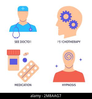 Medical stress relief ways icon set. Psychotherapy and antidepressants, hypnosis. Vector illustration. Stock Vector