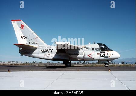 A right side view of an Air Anti-submarine Squadron 38 (VS-38) S-3A Viking aircraft parked on the flight line. Base: Naval Air Station, Fallon State: Nevada (NV) Country: United States Of America (USA) Stock Photo