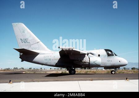 A right side view of an Air Anti-submarine Squadron 38 (VS-38) S-3A Viking aircraft parked on the flight line. Base: Naval Air Station, Fallon State: Nevada (NV) Country: United States Of America (USA) Stock Photo