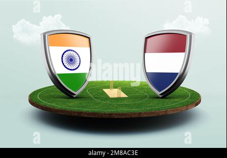 A 3d rendering of India vs Netherlands flags on shields in a stadium. Stock Photo