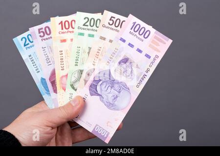 Mexican money - Pesos in the hand on a gray background Stock Photo