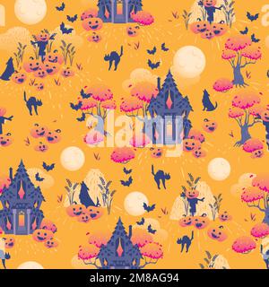 Orange Halloween pumpkin fields and Purple haunted houses Stock Vector