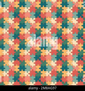 Petro puzzles pattern. Seamless background with colorful puzzle pieces. Groovy print design. Vector illustration. Stock Vector