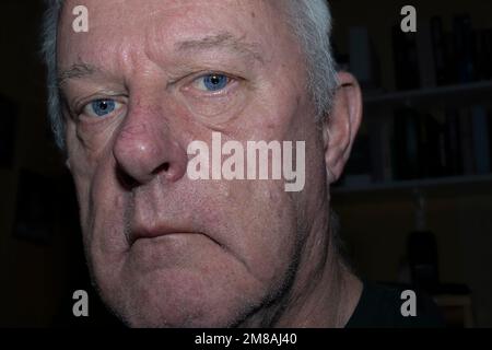 Old man with blue eyes from Sweden in closeup pic Stock Photo