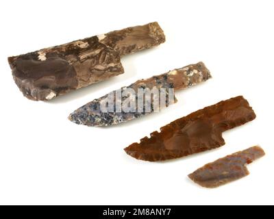 Stone Age Flint Stone Knife Blades isolated on white Background Stock Photo