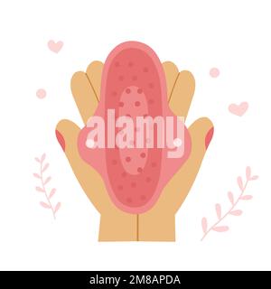 Reusable menstrual pad holding in woman hands in pink color illustration. Stock Vector