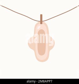 Menstrual zero waste eco friendly reusable pad hanging on rope getting dry illustration isolated. Stock Vector