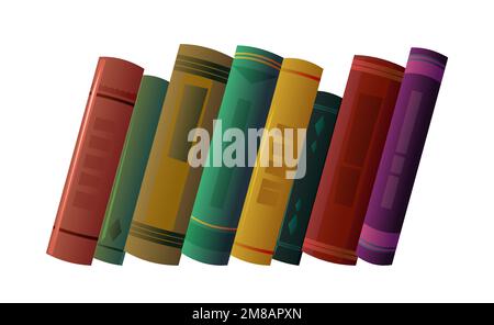 Books on shelf. Great collection for reading. Library or bookstore. Side view. Isolated on white background. Vector. Stock Vector