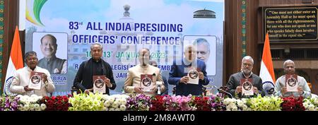 Jaipur, Rajasthan, India. 11th Jan, 2023. Indian Vice President Jagdeep Dhankhar, Lok Sabha Speaker Om Birla, Rajasthan Chief Minister Ashok Gehlot, Assembly Speaker C.P. Joshi, senior leader Gulab Chand Kataria at the 83rd All India Presiding Officers Conference in Jaipur. (Credit Image: © Sumit Saraswat/Pacific Press via ZUMA Press Wire) EDITORIAL USAGE ONLY! Not for Commercial USAGE! Stock Photo