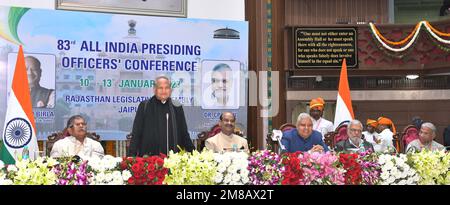 Jaipur, Rajasthan, India. 11th Jan, 2023. Rajasthan Chief Minister Ashok Gehlot addresses at the 83rd All India Presiding Officers Conference in Jaipur. Indian Vice President Jagdeep Dhankhar, Lok Sabha Speaker Om Birla, Rajasthan Assembly Speaker C.P. Joshi, senior leader Gulab Chand Kataria is also seen. (Credit Image: © Sumit Saraswat/Pacific Press via ZUMA Press Wire) EDITORIAL USAGE ONLY! Not for Commercial USAGE! Stock Photo