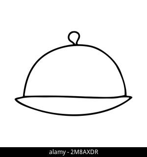 Doodle hand-drawn plate with lid illustration. Outline Food Cover Cloche Plate Platter with Domed Cover Serving Dish isolated on white background. Coz Stock Vector