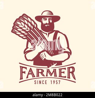 Farmer holding ears of bread wheat, logo or emblem vector. Agriculture, farming badge. Healthy organic natural farm food Stock Vector