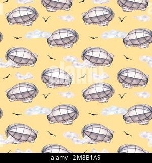 Retro aerostat vintage style watercolor seamless pattern isolated on beige. Dirigible, airship in the cloudy sky, bird hand drawn. Cute childish desig Stock Photo