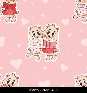 Seamless pattern with cute bears on pink background with hearts. Vector illustration. Endless background for valentines, wallpapers, packaging, print. Stock Vector