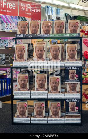 Windsor, Berkshire, UK. 13th January, 2023. Following the release of the controversial Prince Harry Spare book on Tuesday this week, copies are for sale at half price in book shops in Windsor. Credit: Maureen McLean/Alamy Live News Stock Photo