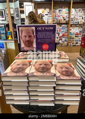 Windsor, Berkshire, UK. 13th January, 2023. Following the release of the controversial Prince Harry Spare book on Tuesday this week, copies are for sale at half price in book shops in Windsor. Credit: Maureen McLean/Alamy Live News Stock Photo